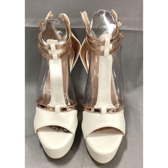 Only Maker White and Gold T-Strap Platform Stiletto Heels Size 5.5 w/ Box - Picture 3 of 8